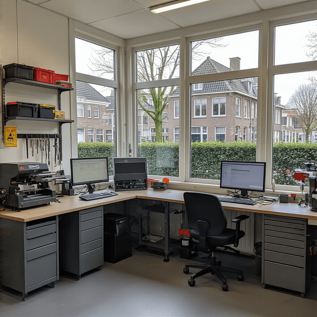 Sleutelmaker Maassluis: Alles Wat Je Moet Weten Over Spoedservice en Sleutelkopieën High-tech sleutelservice interieur met dubbele werkstations en panoramaraam, featuring een traditionele sleutelsnijmachine en moderne CNC-gestuurde sleutelfreesmachine, verlicht door industriële verlichting en spotjes, met een magnetisch gereedschapsbord en technische handleidingen op het bureau.