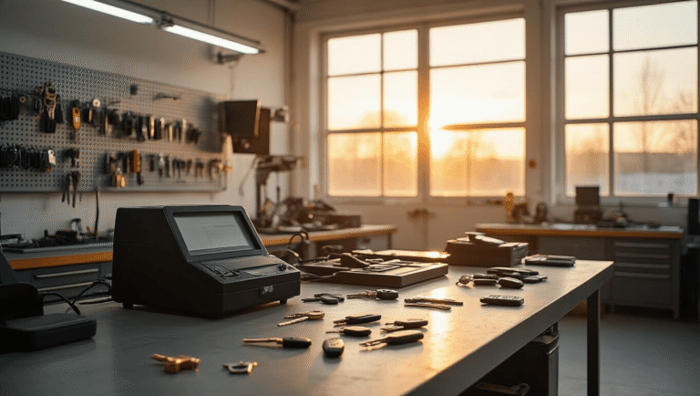 Autosleutel Kopiëren in Rotterdam – Snel, Veilig en Betaalbaar Moderne automotive sleutelmakerij in Rotterdam met warme verlichting, een werkbank met sleutelprogrammeermachines en een georganiseerde toolboard met transponderchips en sleutelblanks.
