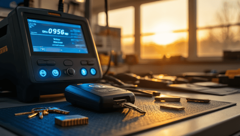 Renault Scenic Sleutel Bijmaken: Alles Wat Je Moet Weten Professionele auto-sleutel programmeerwerkplek met een Renault Scenic sleutelkaart, diagnostische tools op een antistatische mat, LED-indicators die blauw oplichten, en een digitale weergave die synchronisatie voortgang toont, omgeven door een uitnodigende werkplaats sfeer met warm gouden uur licht.