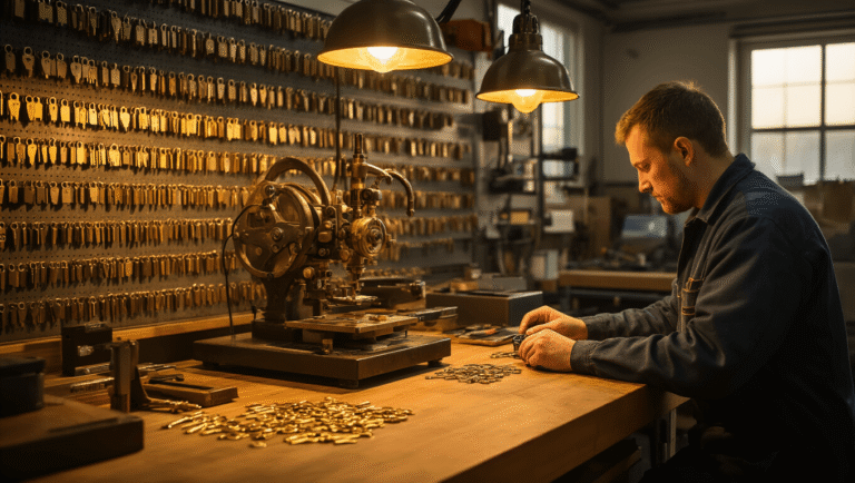Sleutelmaker Maassluis: Alles Wat Je Moet Weten Over Spoedservice en Sleutelkopieën Cinematische brede opname van een moderne slotenmakerij in warm gouden uur licht, met een massieve beukenhouten werkbank, vintage sleutels en een technicus die een BMW transponder sleutel programmeert te midden van precisie-instrumenten en een indrukwekkend systeem van lege sleutels.