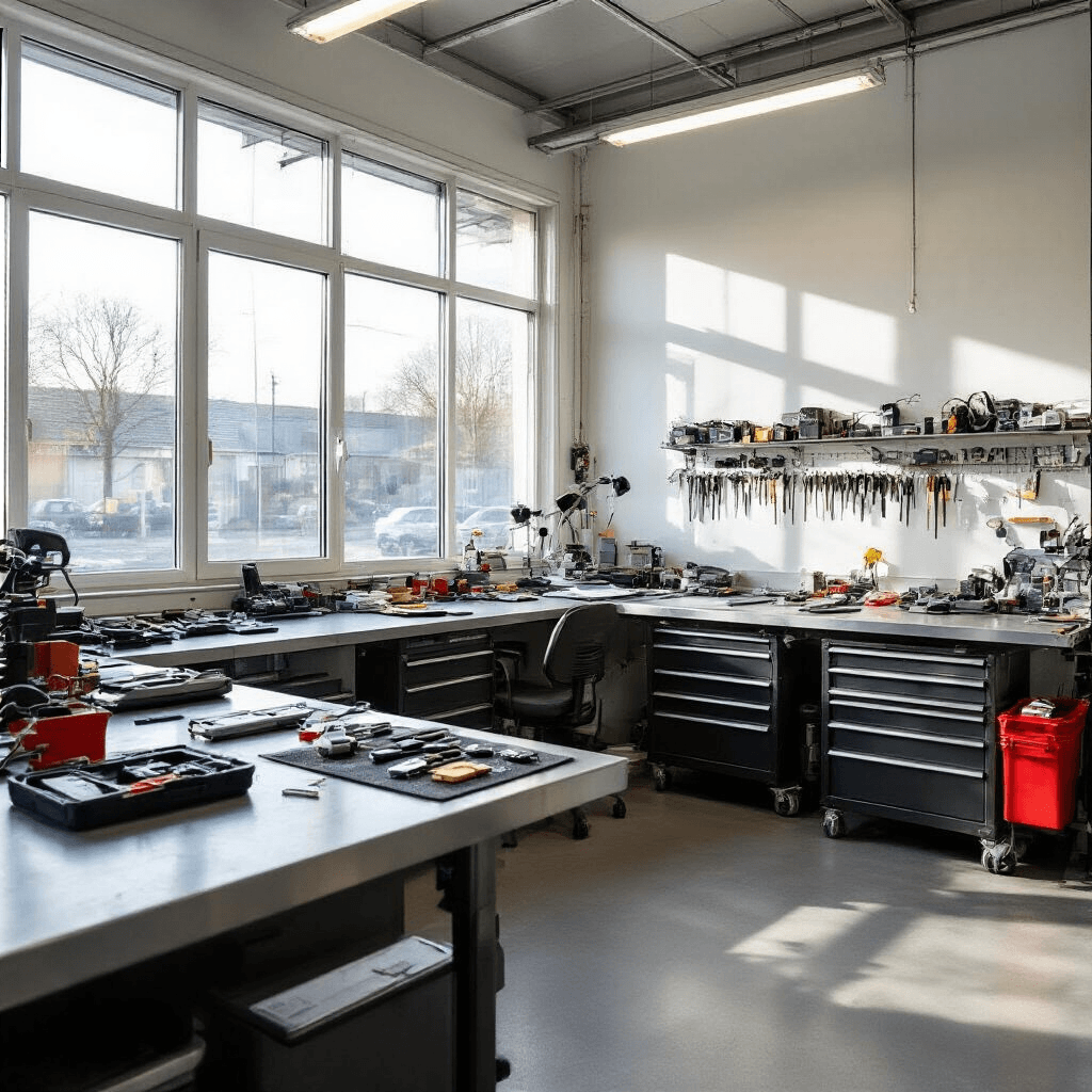 Toyota Aygo Sleutel Bijmaken: Dit Betaal Je en Zo Pak Je Het Aan Moderne autosleutelservice werkplaats met betonnen vloer en witte muren, verlicht door natuurlijk zonlicht. Op de werkbank liggen Toyota Aygo sleutels en transponderchips. Organized sleutelblanks aan de muur en een moderne sleutelsnijmachine rechts. Koele grijstinten met accenten van Toyota-rood.