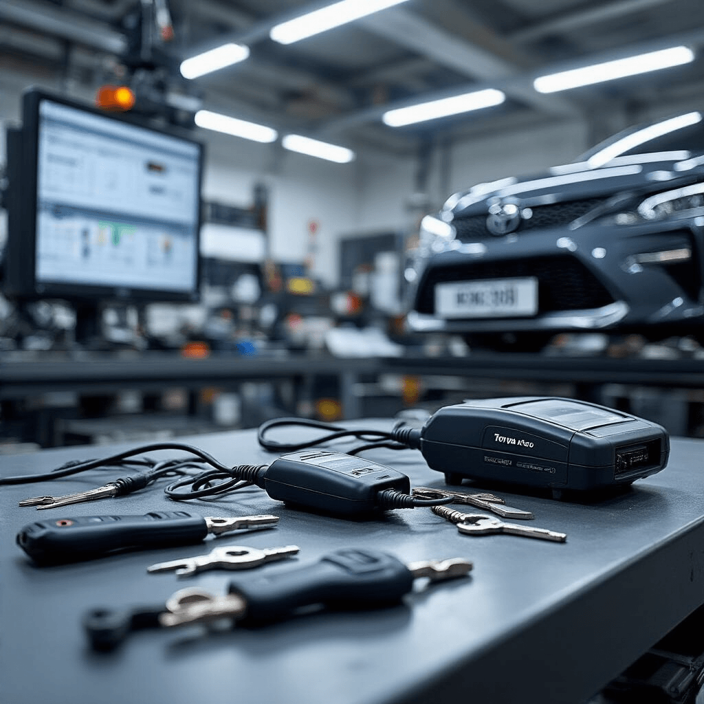 Toyota Aygo Sleutel Bijmaken: Dit Betaal Je en Zo Pak Je Het Aan Close-up van een autosleutel programmeerstation met een geavanceerd OBD-II diagnoseapparaat en een Toyota Aygo, omlijst door dramatisch licht en diverse gereedschappen op een zwarte werkbank.