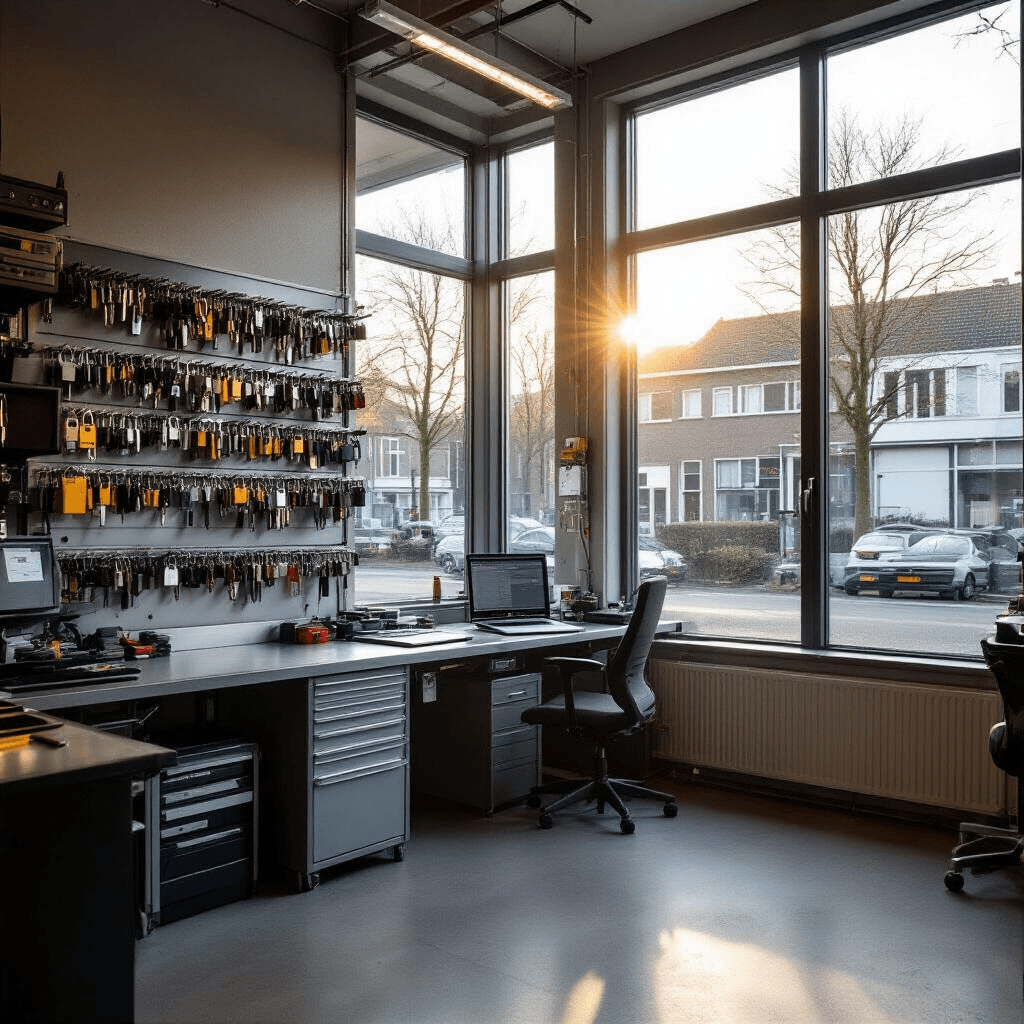 Autosleutel Kwijt Zonder Reserve: Mijn Complete Gids Om Weer Onderweg Te Komen Interieur van een moderne autosleutelservice werkplaats met betonnen vloer, glazen pui, centrale werkbank van geborsteld staal, OBD-programmeerstation, en honderden sleutelblanco's aan de wand, warm zonlicht valt binnen, sfeer is professioneel-technisch.