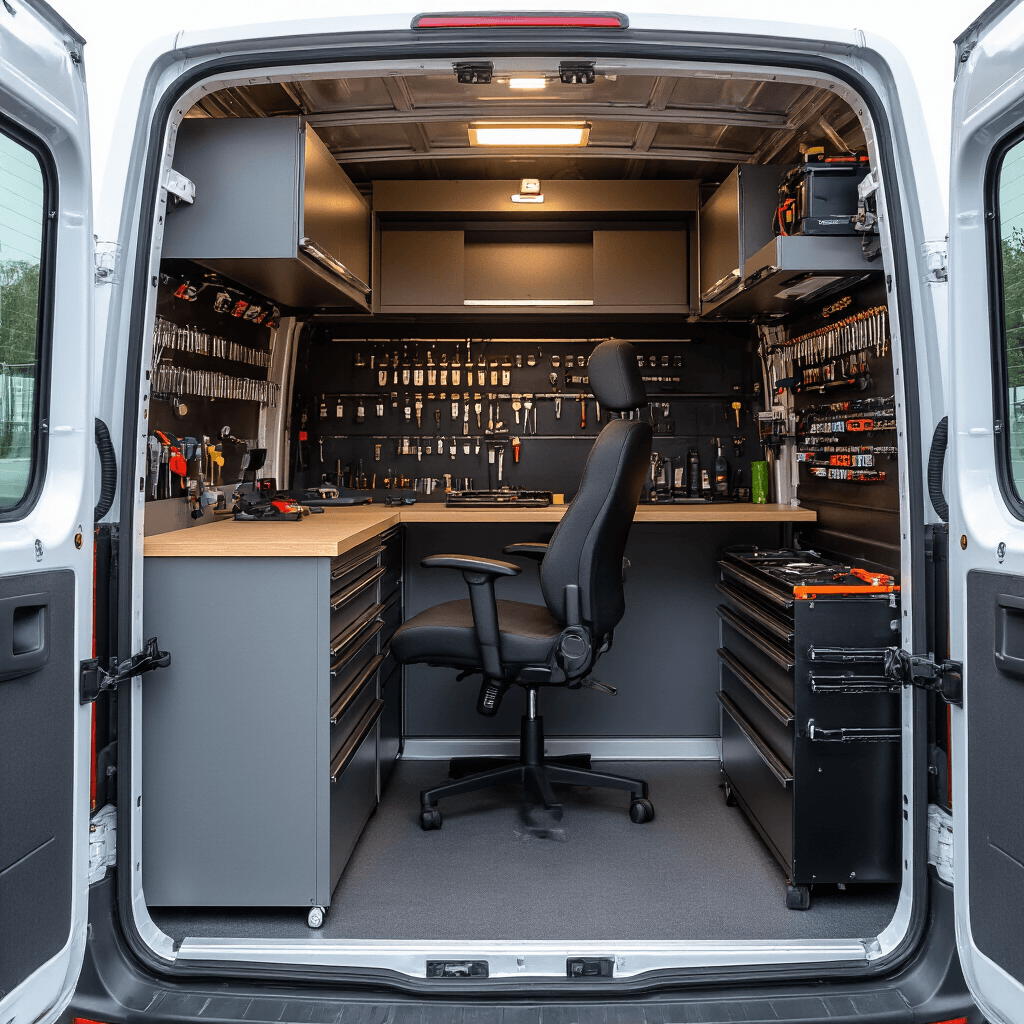 Autosleutel Kwijt Zonder Reserve: Mijn Complete Gids Om Weer Onderweg Te Komen Interieur van een compacte mobiele autosleutelservice bestelbus met werkruimte, inclusief geïsoleerde wanden, rubbermatten vloer, inklapbare werkbank, moderne sleutel duplicator, wandrek met transponders, bovenkasten met sleutelfreesmachine en programmeertools, draaibare bureaustoel en OBD-scanner. Gouden uurtje licht en elektrisch blauwe LED-indicators creëren een professionele uitstraling.