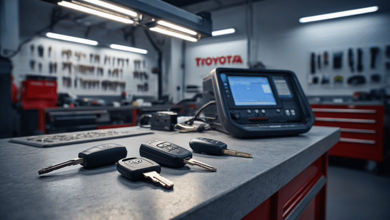 Toyota Aygo Sleutel Bijmaken: Dit Betaal Je en Zo Pak Je Het Aan Cinematische close-up van een moderne autosleutelprogrammeringsstation met Toyota Aygo-sleutels op een gepolijste betonwerkbank, verlicht door warm tungsten licht. OBD-II diagnostische apparatuur met een gloeiende blauwe LCD-scherm en een precisiemachines voor het snijden van sleutels zichtbaar aan de rechterkant.